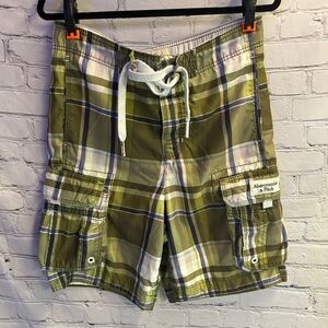 Abercrombie & Fitch Y2K Men’s Green‎ Plaid Cargo Mesh Lines Swim Trunks Size XS